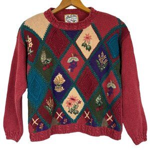 Vtg 90s Heirloom Collectibles Floral Patchwork Knit Sweater Sz Small Embroidered